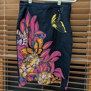 Anthropologie Black Pencil Skirt with Pink & Yellow Butterfly Print